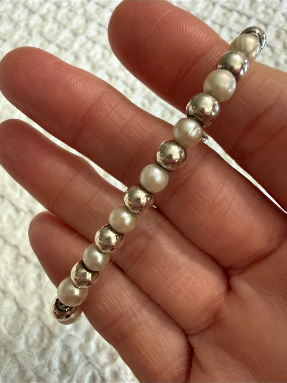 Freshwater Pearl and Silver Bead Bracelet - White Faux Pearls